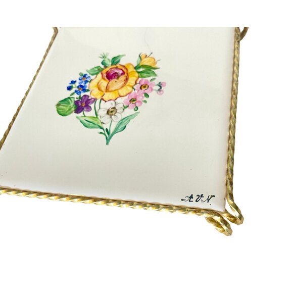 Vintage Tile Pot Holder Trivet with Metal Stand made Czchoslovakia hand painted. - Picture 4 of 9